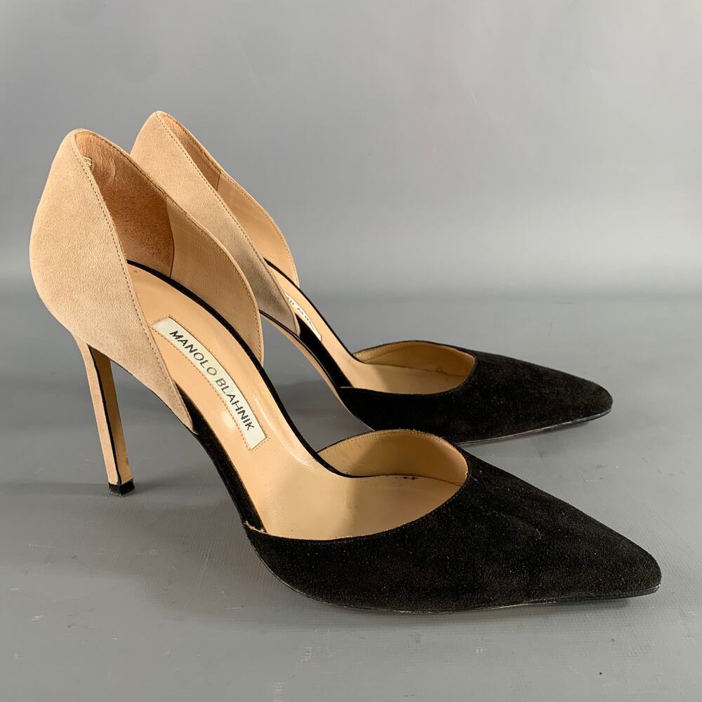 MANOLO BLAHNIK Size 9.5 Black Tan Suede Two Tone Suede Pointed Toe Pumps